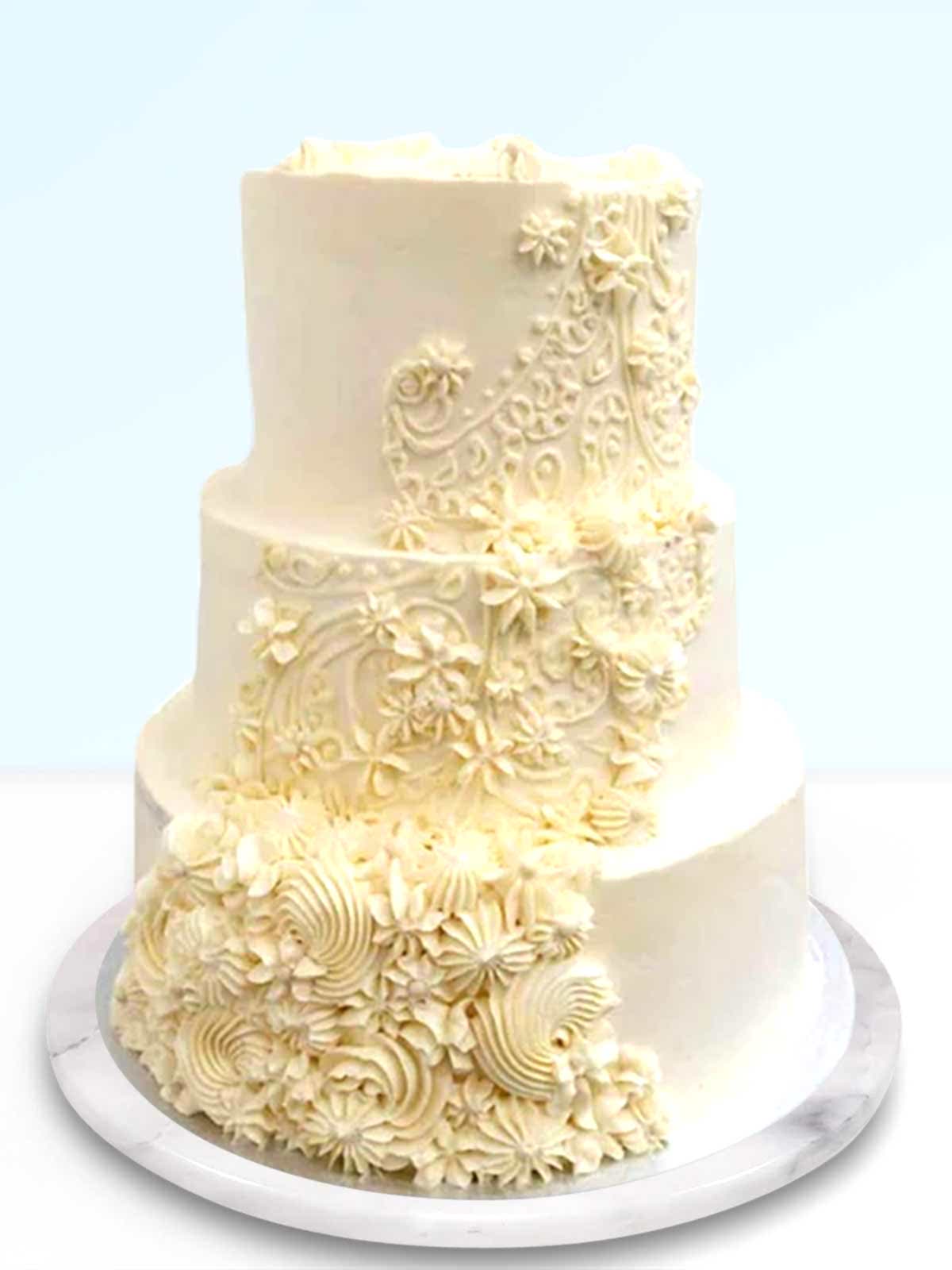 Vintage Lace Buttercream Brocade Wedding Cake